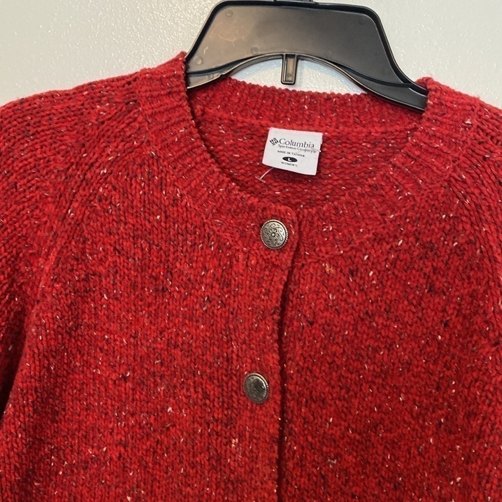 Columbia wool blend red speckled full button down cozy pocket sweater la… - Picture 2 of 10